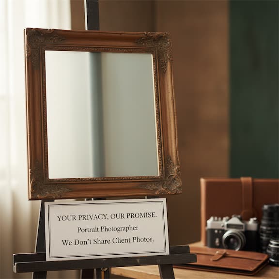 Ornate empty frame on an easel with a sign reading "Your privacy, our promise — we don't share client photos", beside a vintage camera