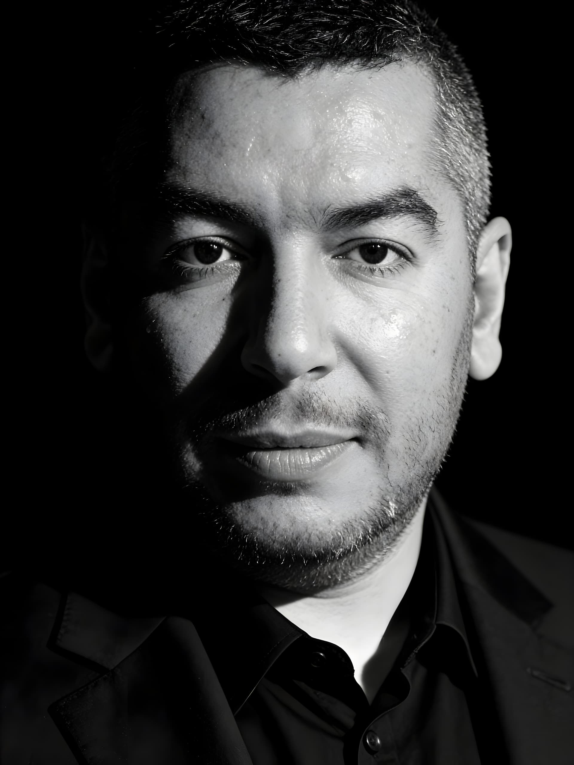 Black-and-white close-up portrait of the PhotoCrew photographer